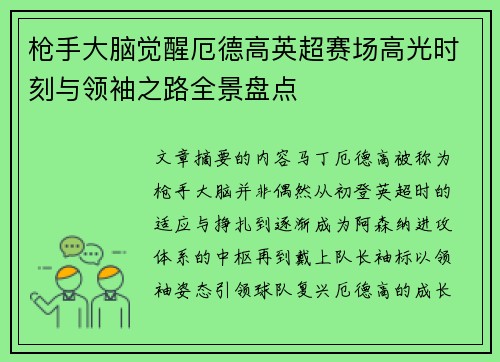枪手大脑觉醒厄德高英超赛场高光时刻与领袖之路全景盘点 枪手大脑觉醒厄德高英超赛场高光时刻与领袖之路全景盘点
